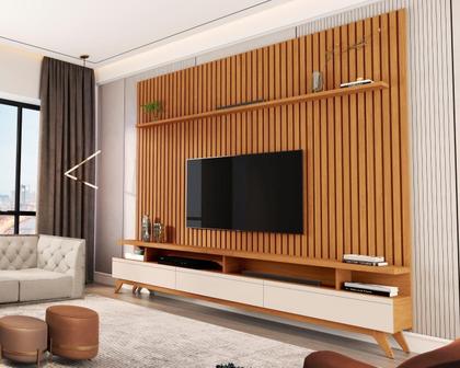 Imagem de CONJUNTO DE RACK + PAINEL VIVA 100% RIPADO COR NATURE / OFF WHITE 2.20m PARA TV ATÉ 75'' POLEGADAS COM 3 GAVETAS PÉS RETRÔ