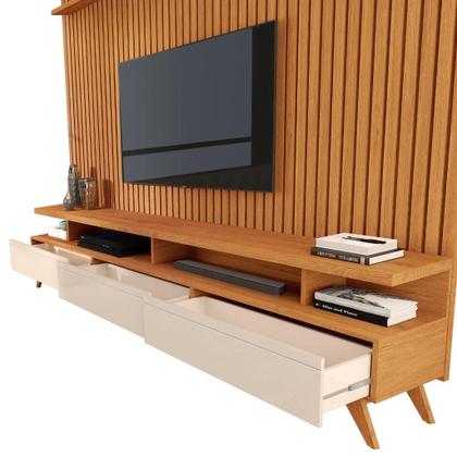 Imagem de CONJUNTO DE RACK + PAINEL VIVA 100% RIPADO COR NATURE / OFF WHITE 2.20m PARA TV ATÉ 75'' POLEGADAS COM 3 GAVETAS PÉS RETRÔ