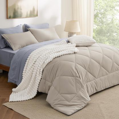Imagem de Conjunto de roupa de cama Bedsure Queen Comforter 7 peças reversível bege
