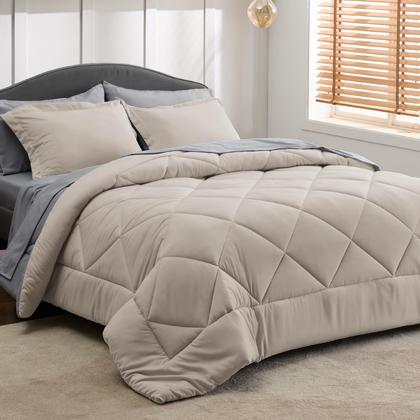 Imagem de Conjunto de roupa de cama Bedsure Queen Comforter 7 peças reversível bege