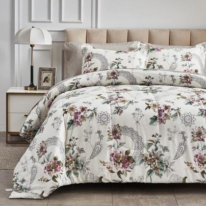 Imagem de Conjunto de roupa de cama Flysheep de 7 peças Queen com edredom bege floral