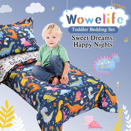 Imagem de Conjunto de roupa de cama infantil Wowelife Dinosaur Grey para meninos, 4 peças
