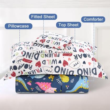 Imagem de Conjunto de roupa de cama infantil Wowelife Dinosaur Grey para meninos, 4 peças