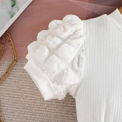 Imagem de Conjunto de Roupa de Verão para Meninas - Blusa com Manga Bufante e Saia Elástica