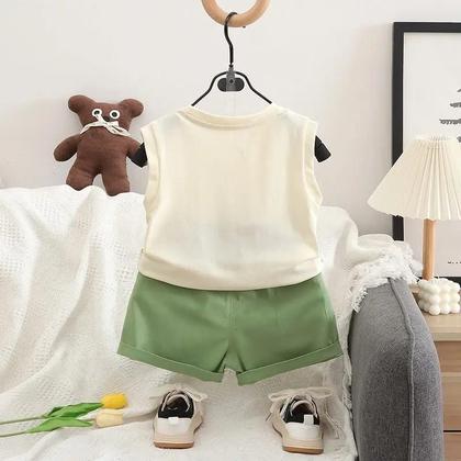 Imagem de Conjunto De Roupa De Verão Para Meninos Com Estampa De Gato Em Cartoon, 2 Peças, Camiseta E Shorts,