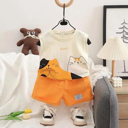 Imagem de Conjunto De Roupa De Verão Para Meninos Com Estampa De Gato Em Cartoon, 2 Peças, Camiseta E Shorts,