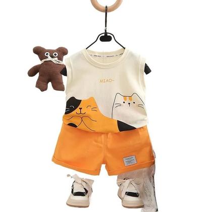 Imagem de Conjunto De Roupa De Verão Para Meninos Com Estampa De Gato Em Cartoon, 2 Peças, Camiseta E Shorts,