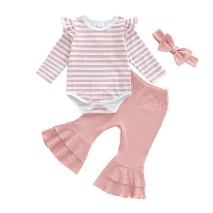 Imagem de Conjunto De Roupa Para Bebês Meninas Com Manga Comprida E Listras, Calças Flare E Faixa Para Cabeça,