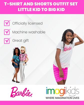 Imagem de Conjunto de roupas: camiseta e shorts Barbie Big Girls rosa/brancos 10-12