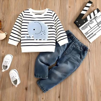 Imagem de Conjunto de Roupas de Bebê - Jeans Listrado com Elefante - Primavera/Outono (0-24 Meses)