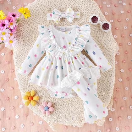 Imagem de Conjunto De Roupas Para Bebê Menina Recém-Nascida 3 Peças Outono Com Mangas Longas, Estampadas,