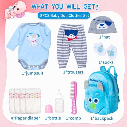 Imagem de Conjunto de roupas para Reborn Baby Doll Pedolltree 43-56 cm com acessos.