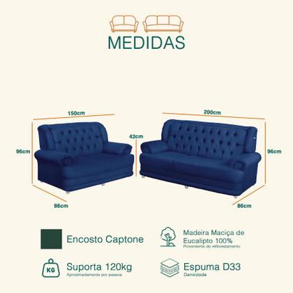 Imagem de Conjunto de Sofá 2,00 x 1,50m 3 E 2 Lugares Suede Finlândia Azul
