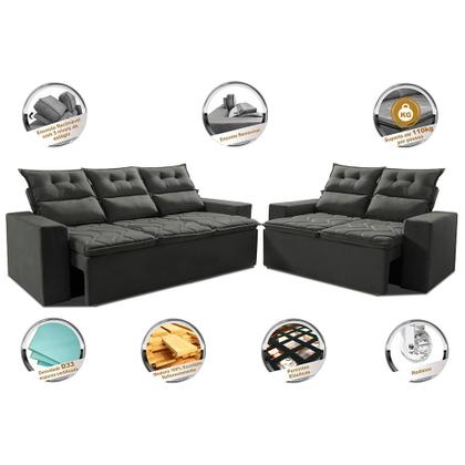 Imagem de Conjunto de Sofá 3 e 2 Lugares Retrátil e Reclinável 2,00x1,50m Cama inBox Smal Suede Cinza