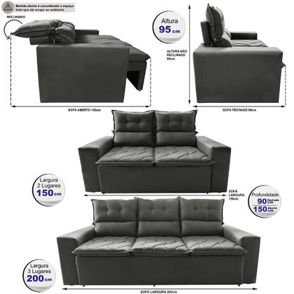Imagem de Conjunto de Sofá 3 e 2 Lugares Retrátil e Reclinável 2,00x1,50m Cama inBox Smal Suede Cinza