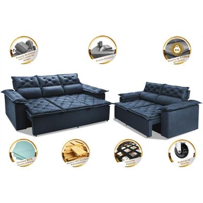 Imagem de Conjunto de Sofá 3 e 2 Lugares Retrátil e Reclinável Cama inBox Compact 2,00x1,50m Velusoft Azul