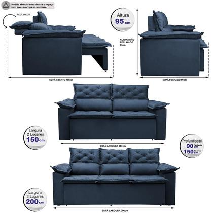 Imagem de Conjunto de Sofá 3 e 2 Lugares Retrátil e Reclinável Cama inBox Compact 2,00x1,50m Velusoft Azul