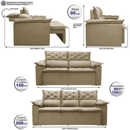 Imagem de Conjunto de Sofá 3 e 2 Lugares Retrátil e Reclinável Cama inBox Compact 2,00x1,50m Velusoft Bege