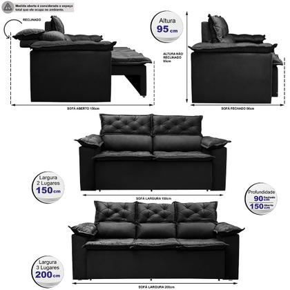 Imagem de Conjunto de Sofá 3 e 2 Lugares Retrátil e Reclinável Cama inBox Compact 2,00x1,50m Velusoft Preto