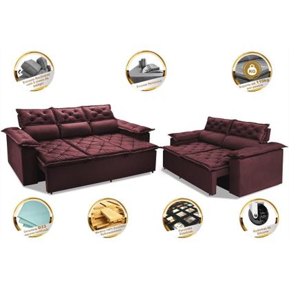 Imagem de Conjunto de Sofá 3 e 2 Lugares Retrátil e Reclinável Cama inBox Compact 2,00x1,50m Velusoft Vinho