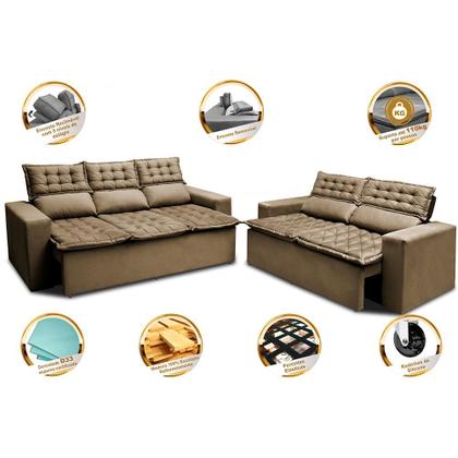 Imagem de Conjunto de Sofá 3 e 2 Lugares Retrátil e Reclinável Cama inBox Slim 2,00x1,50m Velusoft Castor