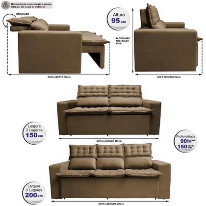 Imagem de Conjunto de Sofá 3 e 2 Lugares Retrátil e Reclinável Cama inBox Slim 2,00x1,50m Velusoft Castor