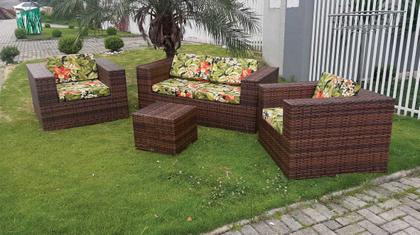 Imagem de Conjunto de Sofá Fibra Sintética Quadrado Aço - 1 Sofá 2L + 2 Poltronas + 1 Mesa Centro - Tecido Saquarema