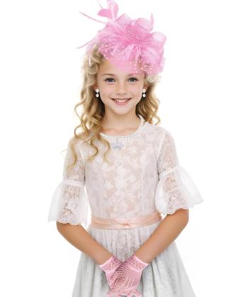 Imagem de Conjunto de Sombrero Fascinador para Fiesta de Té y Guantes de Encaje para Niñas Bnsikun
