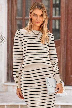 Imagem de Conjunto de Suéter e Saia Midi Feminina PRETTYGARDEN - Listrado e Damascado