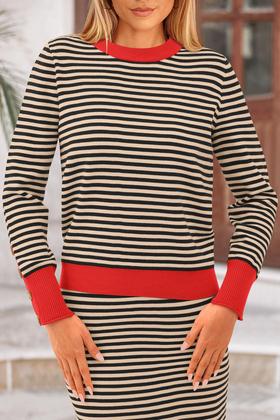 Imagem de Conjunto de Suéter e Saia Midi Listrada Bege PRETTYGARDEN - Moda Feminina