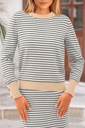 Imagem de Conjunto de Suéter e Saia Midi Listrada PRETTYGARDEN - Cinza