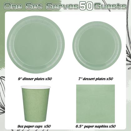 Imagem de Conjunto de suprimentos de festa TWOWYHI 200 unidades para 50 convidados, verde sálvia