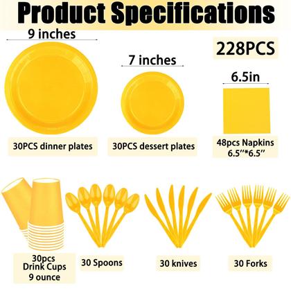 Imagem de Conjunto de suprimentos de festa TWOWYHI Yellow com 228 unidades para 30 convidados