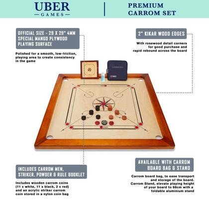 Imagem de Conjunto de tabuleiro Carrom Uber Games Premium 84x84cm com Carrom Men