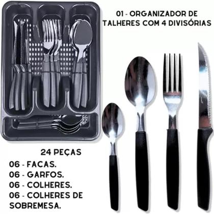 Imagem de Conjunto de Talheres Faqueiro de Inox Com 24 Peças Cabo Plastic e Porta Talher Preto - Original Line