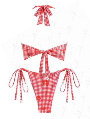 Imagem de Conjunto de tanquíni Seamoly Red Gingham com estampa floral Halter XL