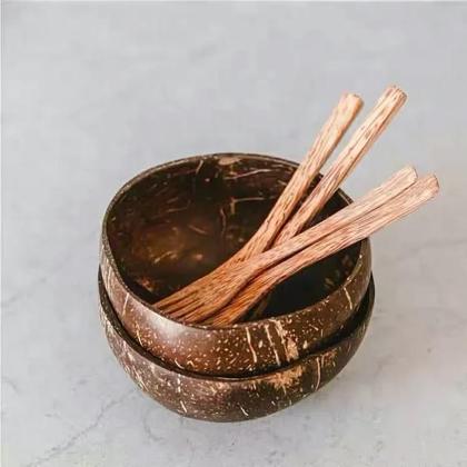 Imagem de Conjunto De Tigelas De Coco Natural Com Colher Para Salada De Frutas, Macarrão, Arroz E Smoothie,