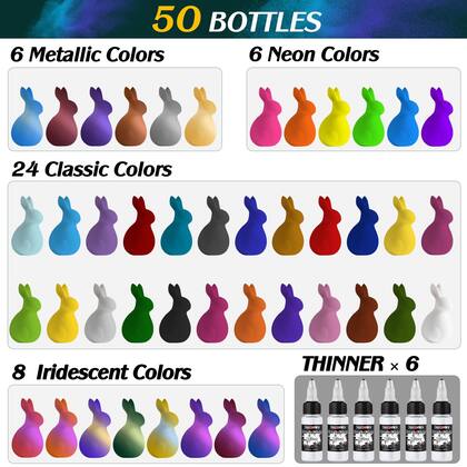 Imagem de Conjunto de Tintas Airbrush FansArriche - 44 Cores de 20ml com 6 Diluentes