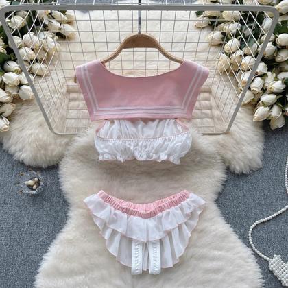 Imagem de Conjunto De Top Cropped Sem Mangas Com Babados Rosa E Saia Mini Em 2 Peças, Conjunto Casual De