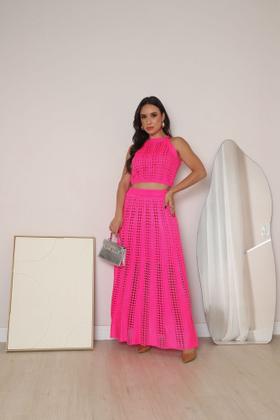 Imagem de Conjunto de tricô feminino de verão Saia Longa e cropped rendado forrado linha premium estruturado