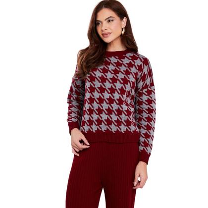 Imagem de Conjunto de Tricot Feminino Blusa Pied Poule e Calca flare canelada