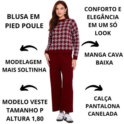 Imagem de Conjunto de Tricot Feminino Blusa Pied Poule e Calca flare canelada