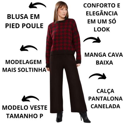 Imagem de Conjunto de Tricot Feminino Blusa Pied Poule e Calca flare canelada