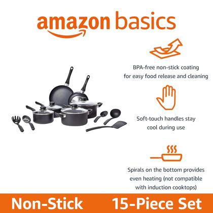 Imagem de Conjunto de utensílios de cozinha Amazon Basics antiaderente de 15 peças preto
