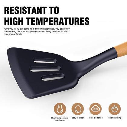 Imagem de Conjunto de utensílios de cozinha AVGPD Silicone com alças de madeira azul marinho