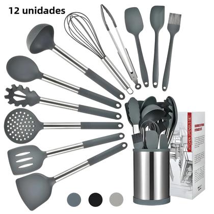 Imagem de Conjunto De Utensílios De Cozinha De Silicone Com 12 Peças, Espátula E Colher De Aço Inoxidável