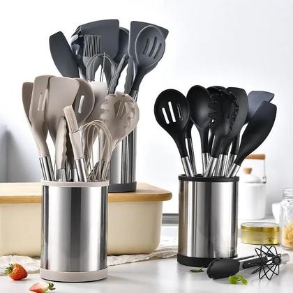 Imagem de Conjunto De Utensílios De Cozinha De Silicone Com 12 Peças, Espátula E Colher De Aço Inoxidável