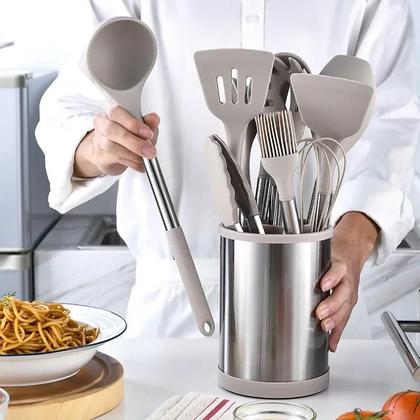 Imagem de Conjunto De Utensílios De Cozinha De Silicone Com 12 Peças, Espátula E Colher De Aço Inoxidável