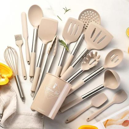 Imagem de Conjunto De Utensílios De Cozinha De Silicone Resistente Ao Calor Com 15 Peças, Cabo De Madeira,