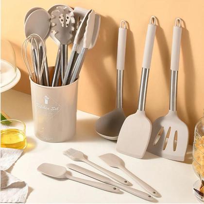 Imagem de Conjunto De Utensílios De Cozinha De Silicone Resistente Ao Calor Com 15 Peças, Cabo De Madeira,